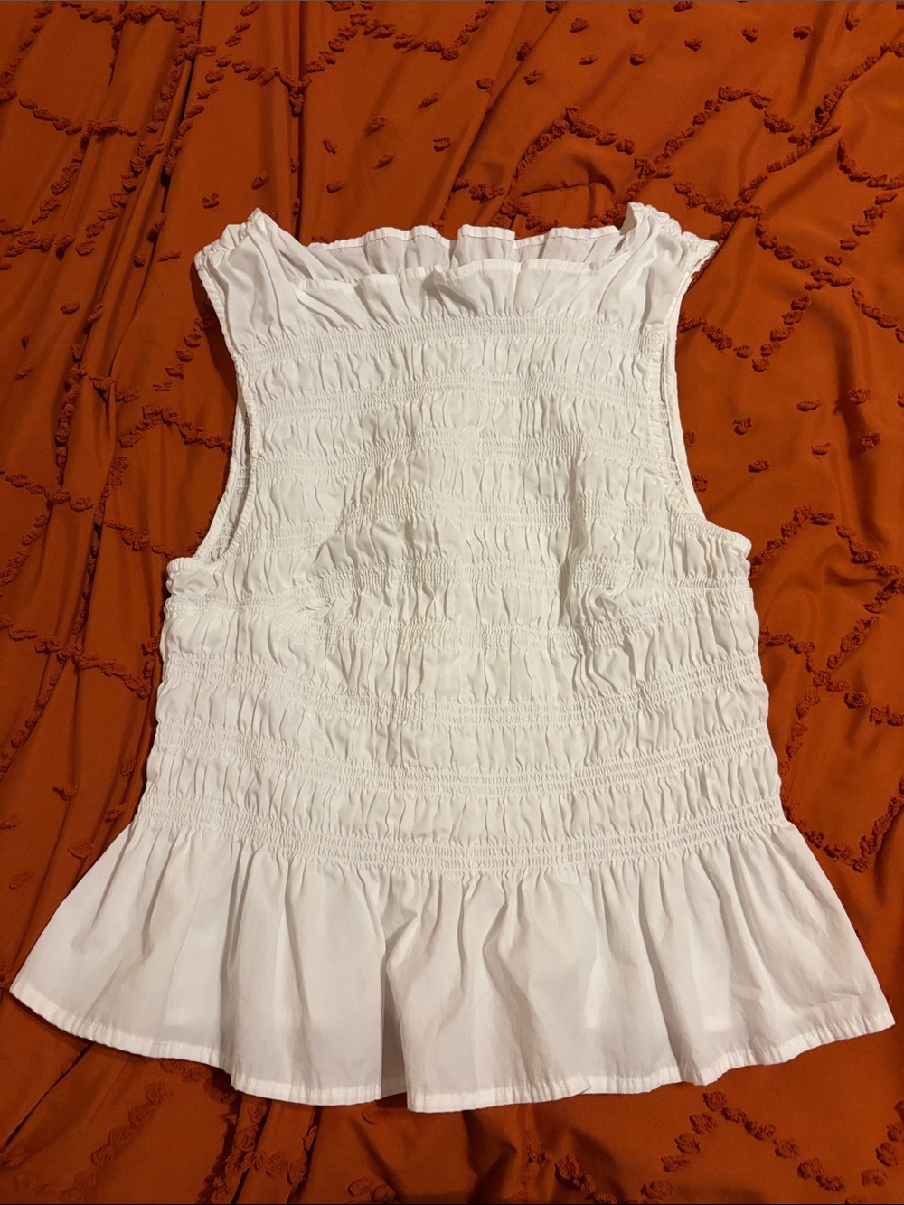 Smocked White Ruffle-Hem Sleeveless Camisole